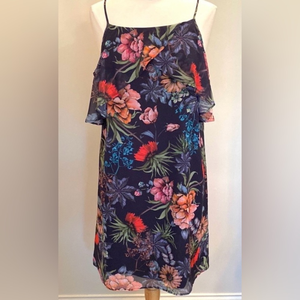 Emma & Michelle Blue Pink Floral SZ L Romantic Boho Cold Shoulder Ruffle Dress